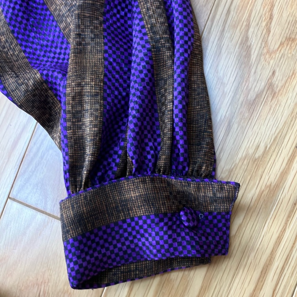 Vintage double breasted puff sleeve Shirt in Purple/Black/brown check   Sz 12 - Picture 6 of 9